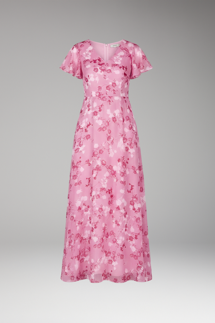 Women's Floral Maxi Dress with V-Neck and Ruffle Sleeves