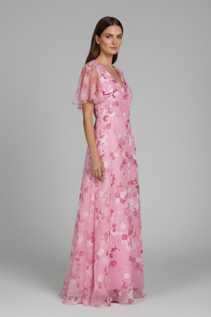 Women's Floral Maxi Dress with V-Neck and Ruffle Sleeves