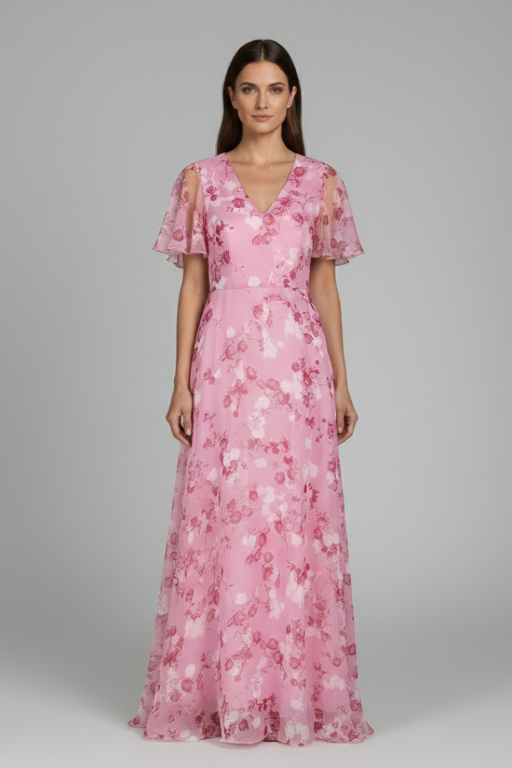 Women's Floral Maxi Dress with V-Neck and Ruffle Sleeves