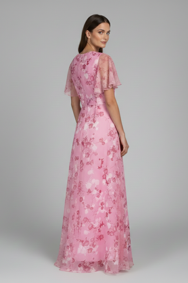 Women's Floral Maxi Dress with V-Neck and Ruffle Sleeves