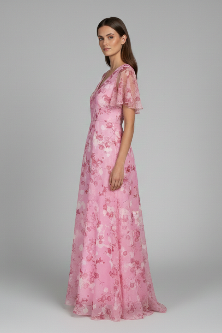 Women's Floral Maxi Dress with V-Neck and Ruffle Sleeves