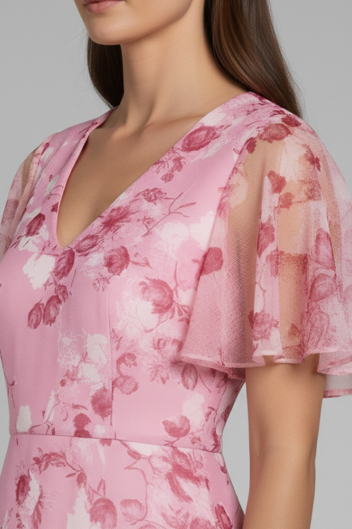 Women's Floral Maxi Dress with V-Neck and Ruffle Sleeves