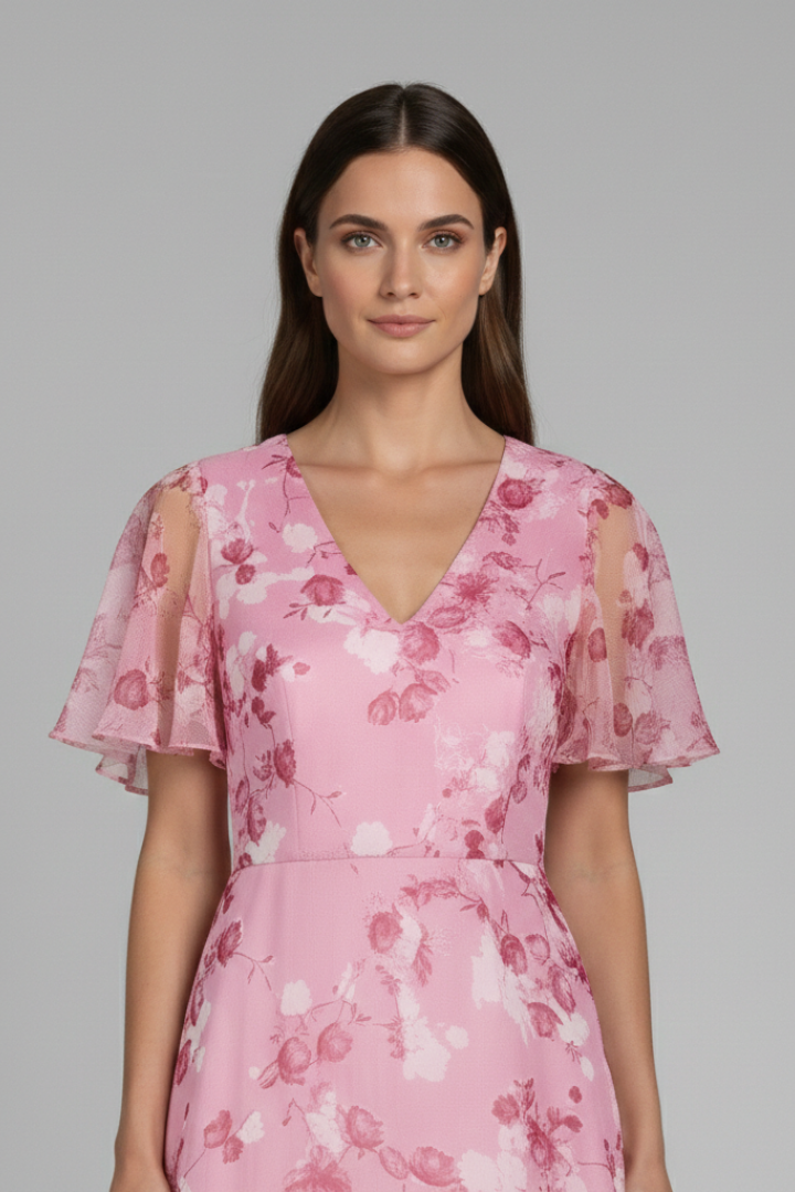 Women's Floral Maxi Dress with V-Neck and Ruffle Sleeves