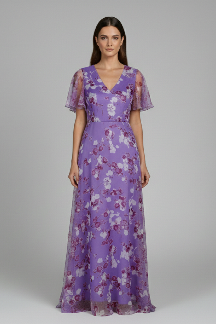 Women's Floral Maxi Dress with V-Neck and Ruffle Sleeves