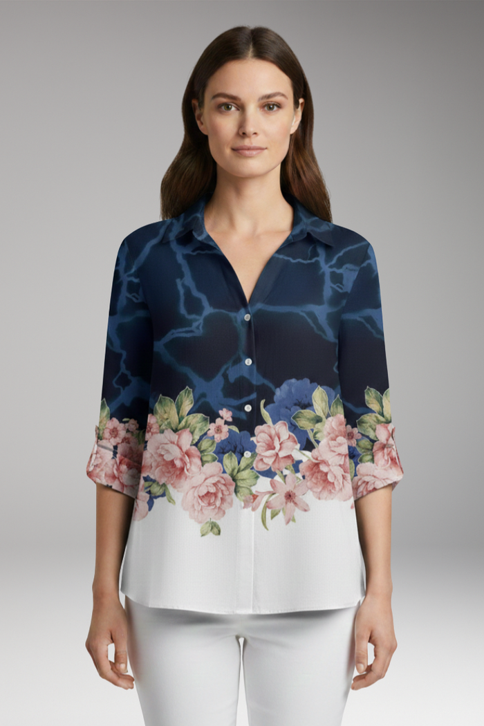 Women's Top with Floral Print and Long Sleeves