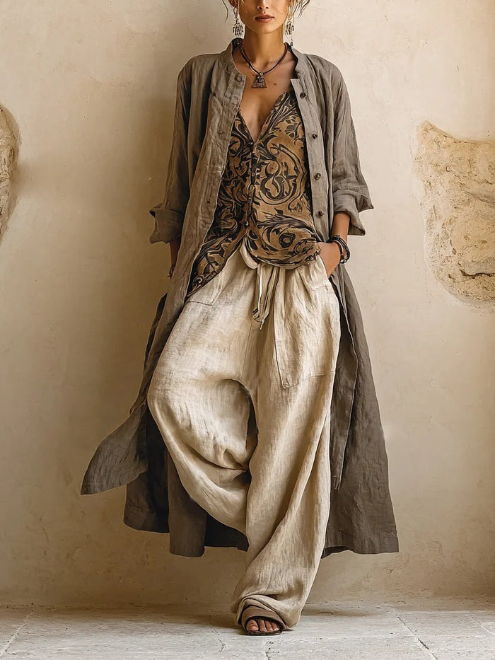 Women's Three-Piece Relaxed Set with Duster Coat and Wide-Leg Pants