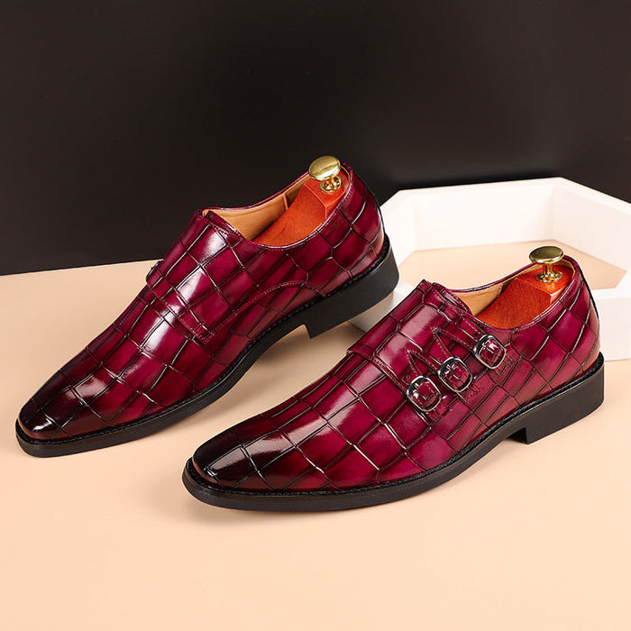 Men's Crocodile Embossed Monk Strap Shoes with Triple Buckle
