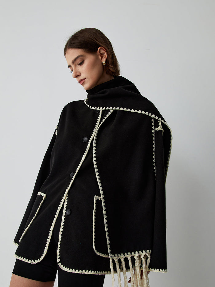 Women's Embroidered Cape Coat with Tassel Trim and Collar