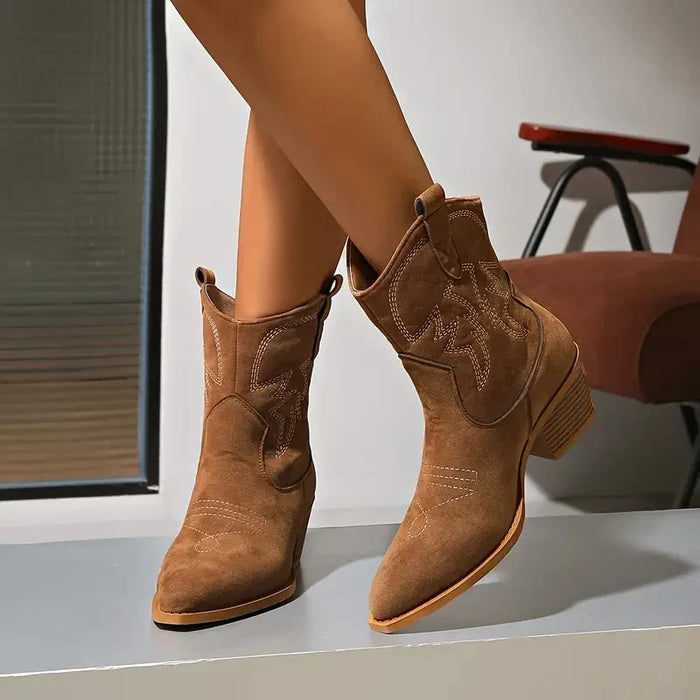 Women's Western Ankle Boots Pointed Toe Block Heel