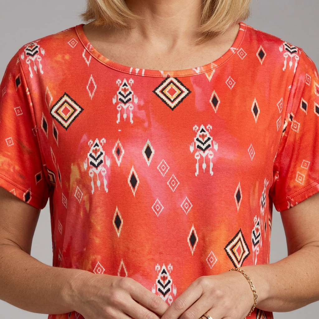 Women's Boho Midi Dress with Short Sleeves and Geometric Floral Print