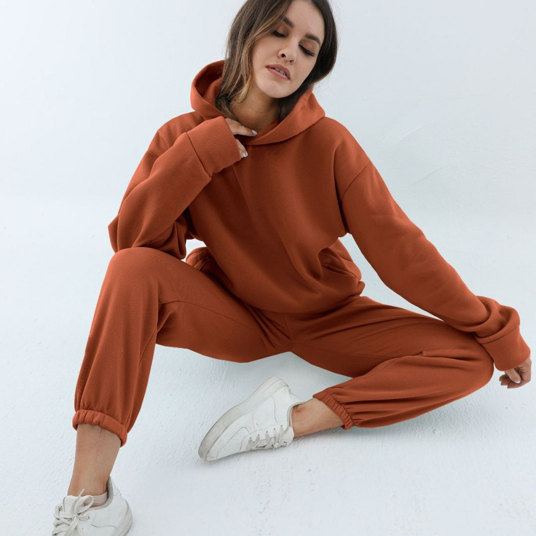 Woman in a matching hoodie sweatsuit