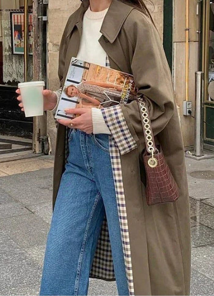 Women's Oversized Trench Coat with Plaid Details