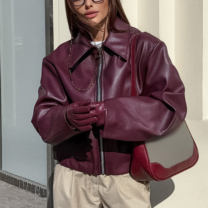 Kinsley | Cropped Faux Leather Moto Jacket with Lapel