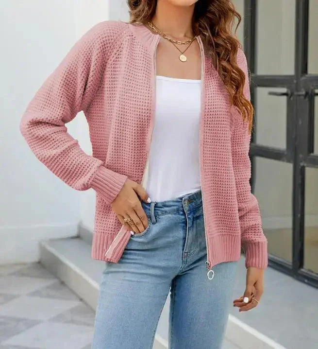 Women's Zip-Up Cardigan with Long Sleeves and Textured Knit