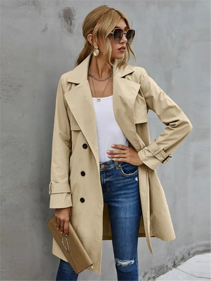 Women's Double-Breasted Trench Coat with Belted Waist