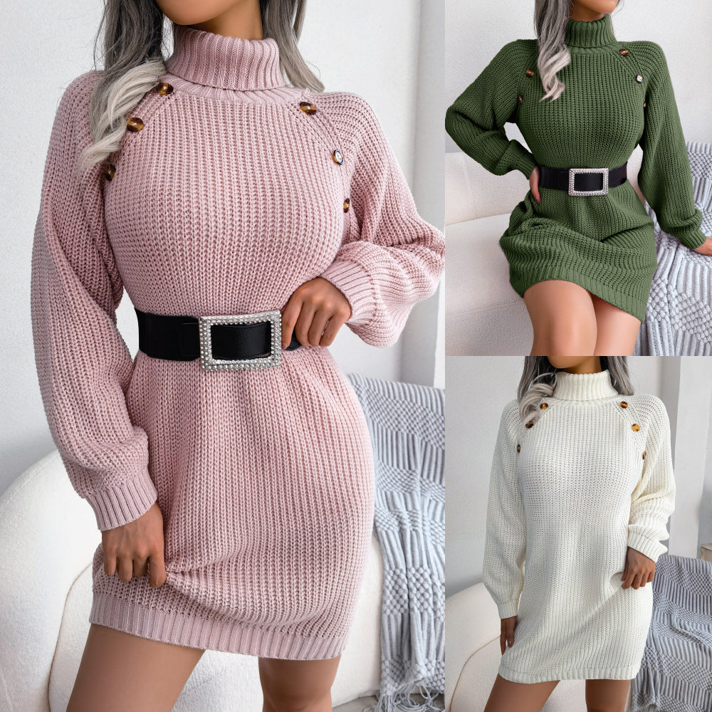 Woman in turtleneck sweater dress