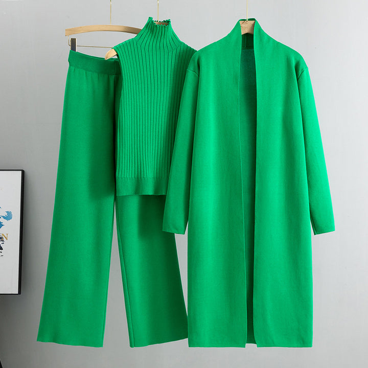 Woman in a matching three-piece knit set