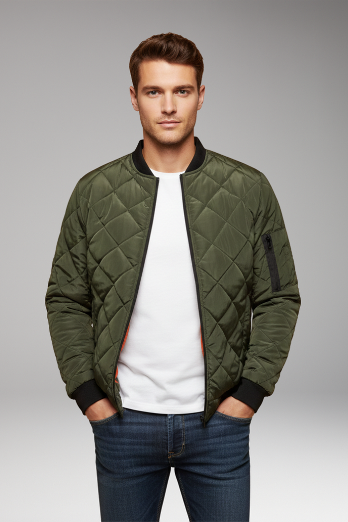 Men's Padded Jacket with Stand Collar and Zipper