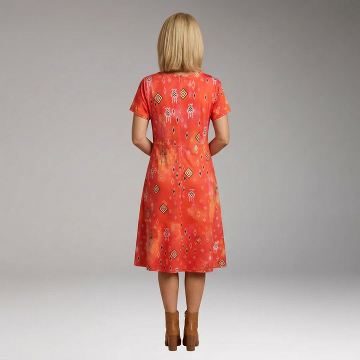 Women's Boho Midi Dress with Short Sleeves and Geometric Floral Print