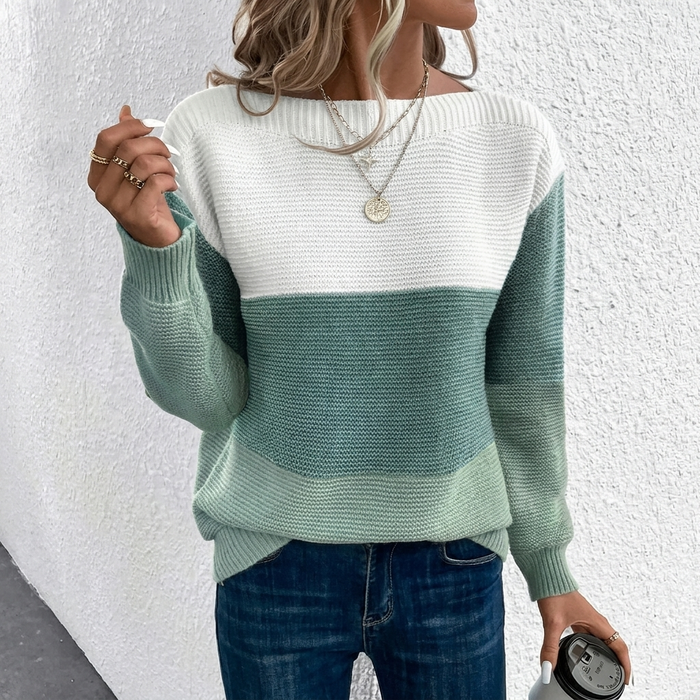 Women's Colorblock Crewneck Sweater with Ribbed Hem