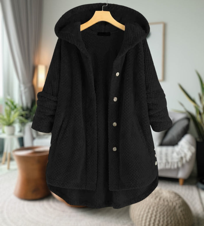 Women's Hooded Teddy Fleece Jacket with Button Detail