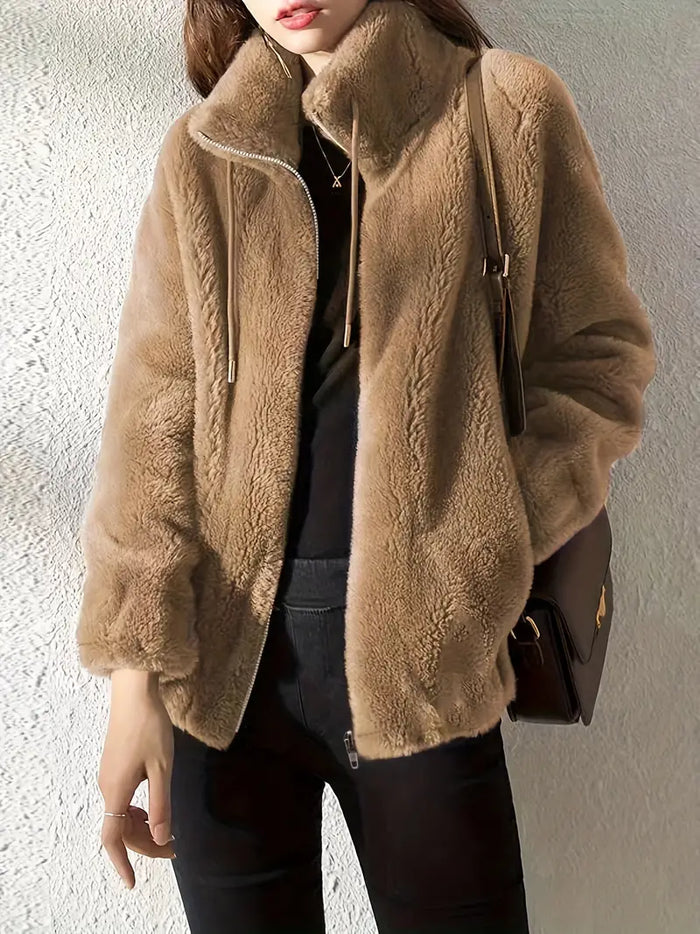 Women's Hooded Teddy Jacket Zip Front with Drawstring