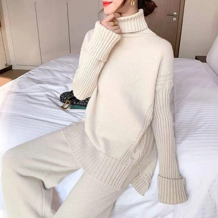 Women's Ribbed Turtleneck Sweater Flared Pants Set