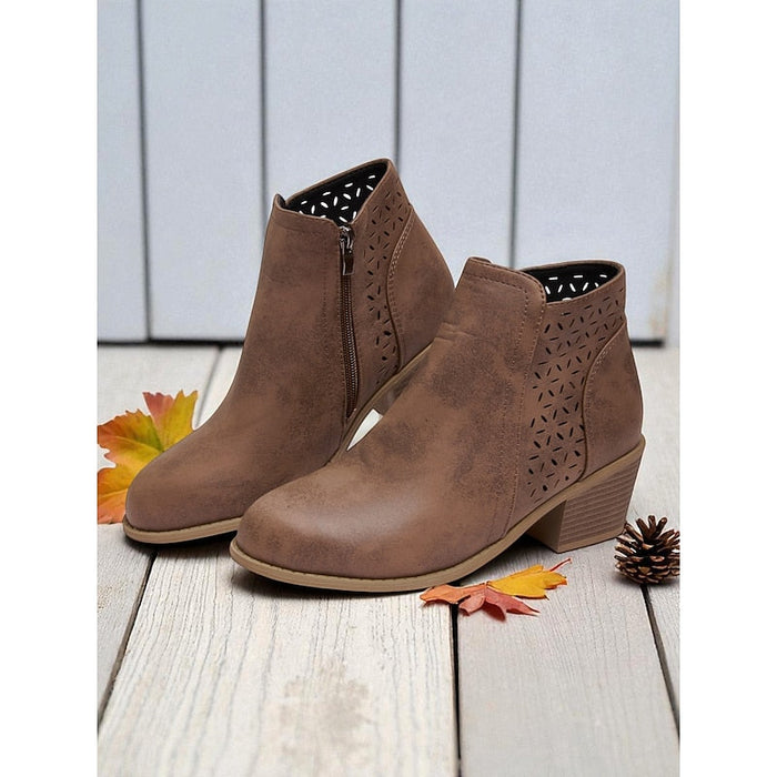 Women's Cutout Ankle Boots with Low Block Heel and Side Zip