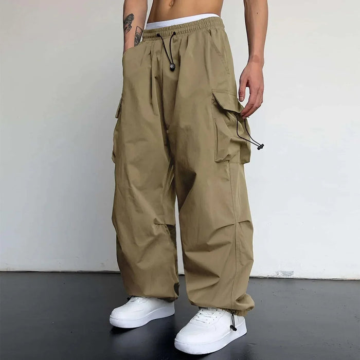 Men's Wide-Leg Cargo Pants with Drawstring and Toggle Cuffs