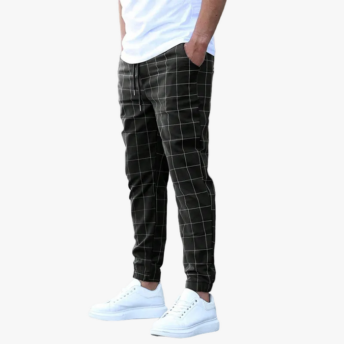 Men's Tapered Jogger Pants Grid Pattern Drawstring Waist