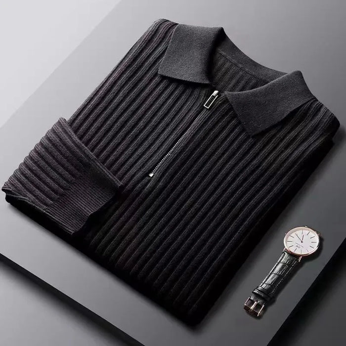 Men's Ribbed Zip Neck Sweater with Polo Collar