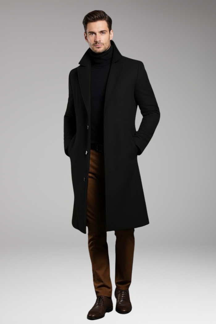 Men's Mid-Length Coat with Notch Lapel and Buttons