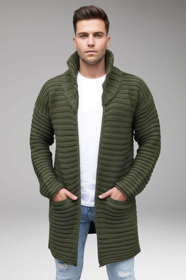 Men's Knit Cardigan with Stand Collar and Pockets