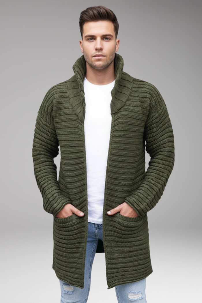 Men's Knit Cardigan with Stand Collar and Pockets
