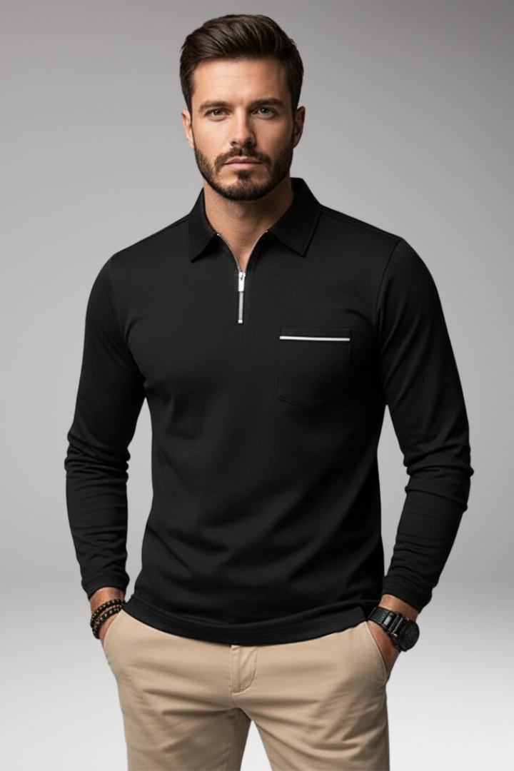 Men's Long-Sleeve Polo Shirt with Zipper and Pocket