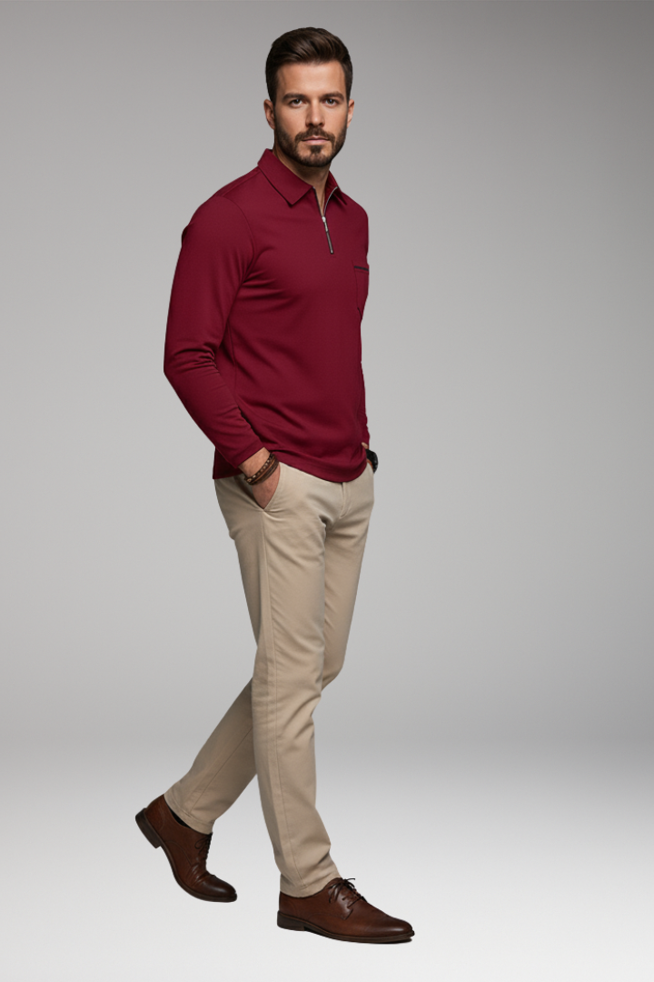 Men's Long-Sleeve Polo Shirt with Zipper and Pocket
