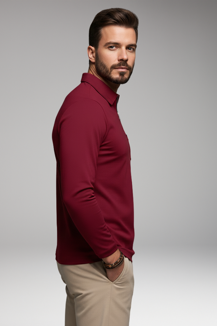 Men's Long-Sleeve Polo Shirt with Zipper and Pocket