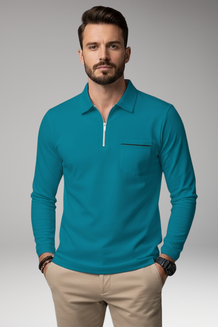 Men's Long-Sleeve Polo Shirt with Zipper and Pocket