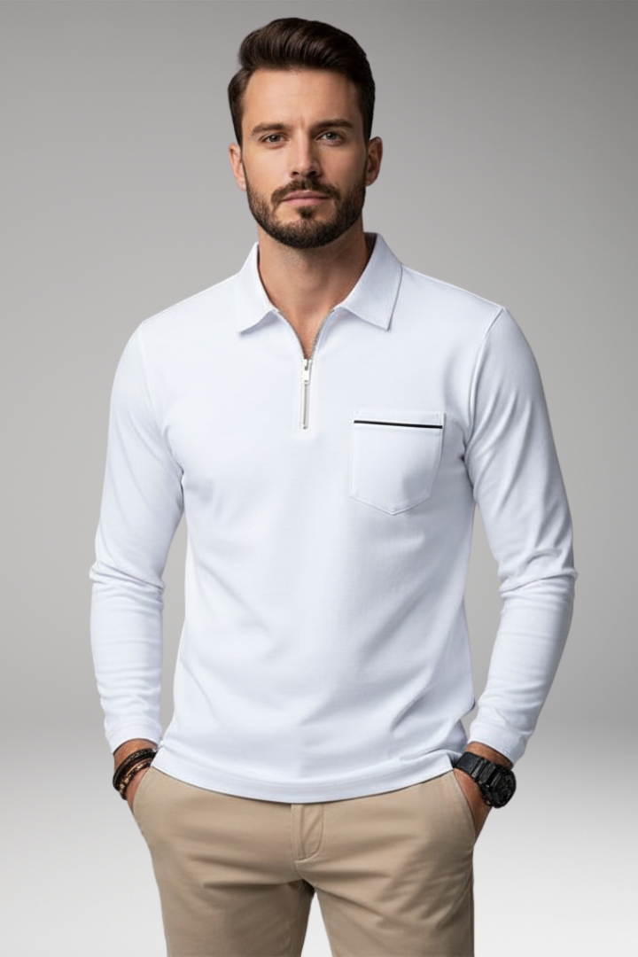 Men's Long-Sleeve Polo Shirt with Zipper and Pocket