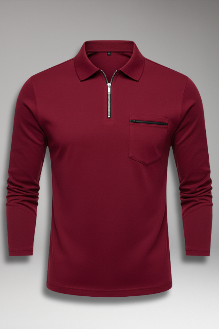 Men's Long-Sleeve Polo Shirt with Zipper and Pocket