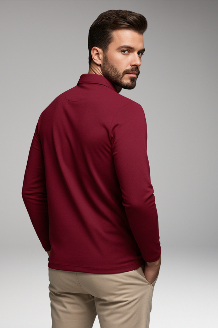 Men's Long-Sleeve Polo Shirt with Zipper and Pocket