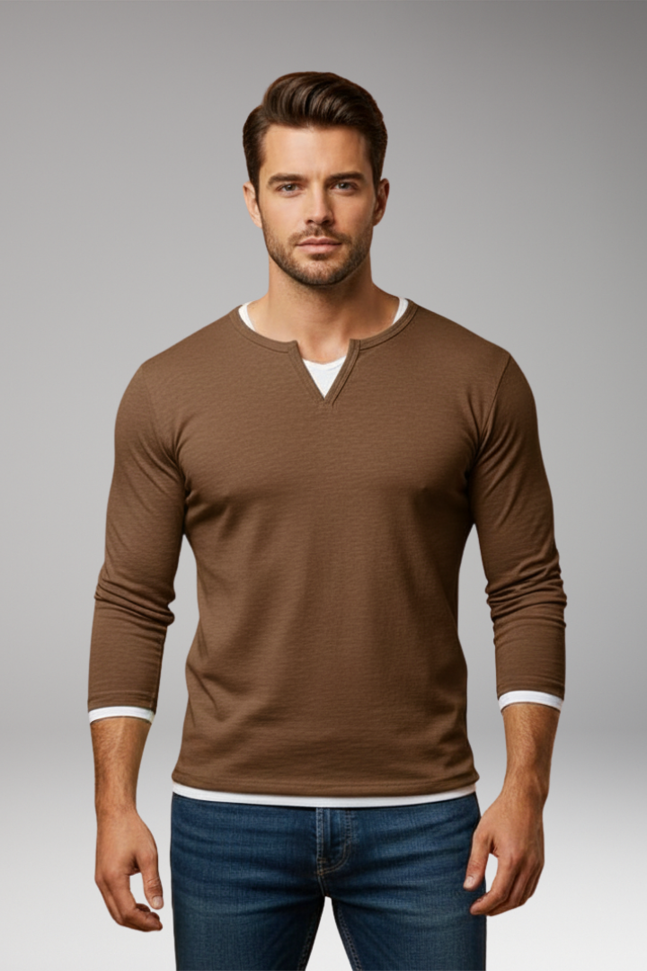 Men's Long-Sleeve V-Neck T-Shirt with Layered Design