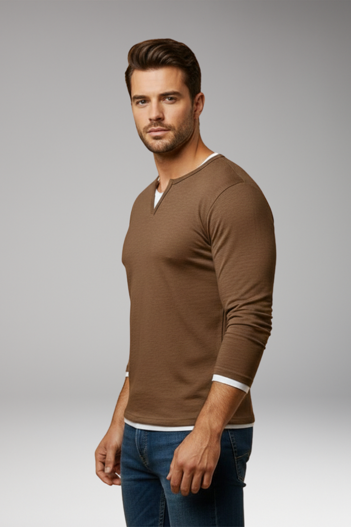 Men's Long-Sleeve V-Neck T-Shirt with Layered Design