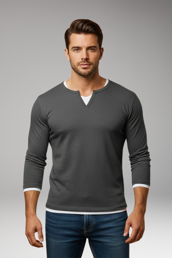 Men's Long-Sleeve V-Neck T-Shirt with Layered Design
