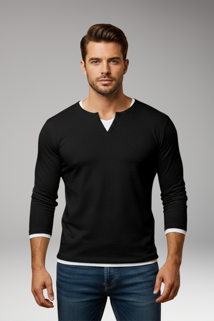 Men's Long-Sleeve V-Neck T-Shirt with Layered Design