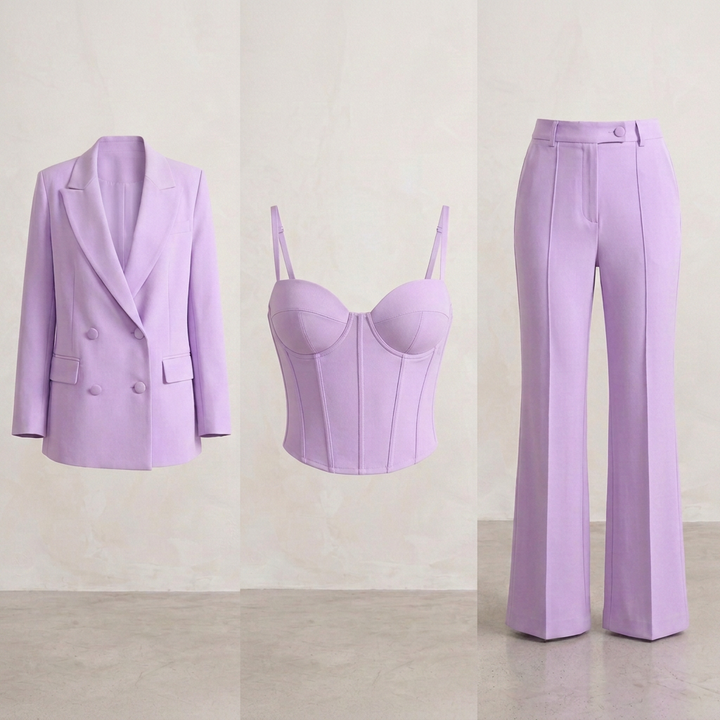 Women's Three-Piece Suit Set with Blazer Corset Top and Flared Trousers