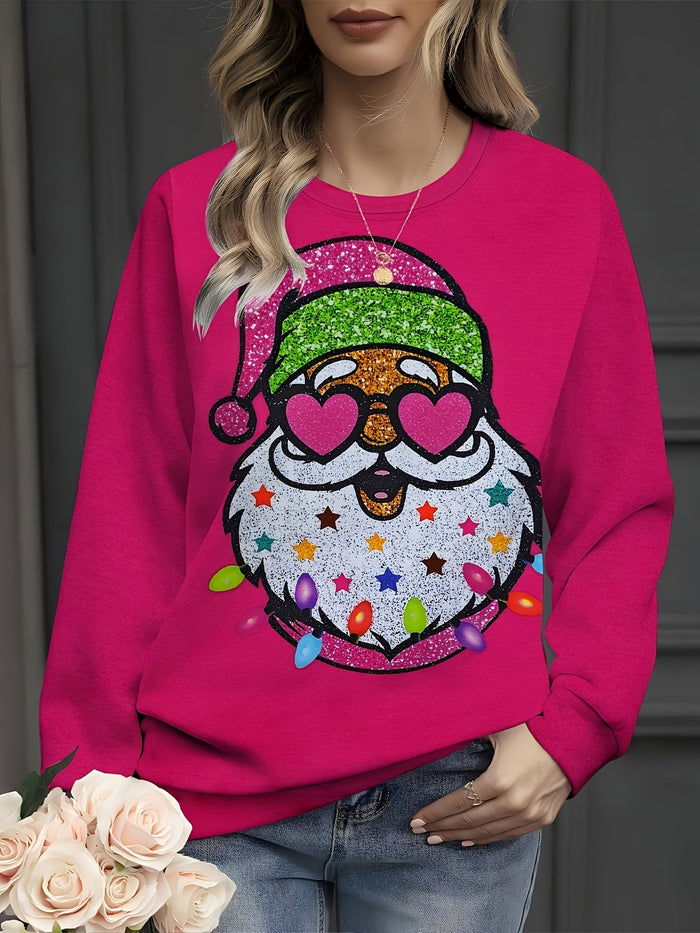 Women's Santa Print Crew Neck Sweatshirt with Sequin Detail