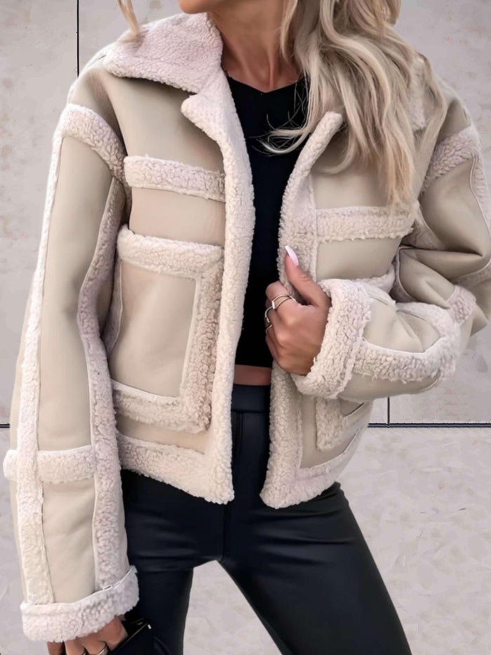 Women's Shearling Jacket with Wide Collar and Patch Details