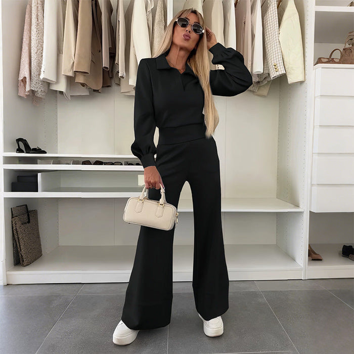 Women's Collared Blouse and Wide-Leg Pants Set