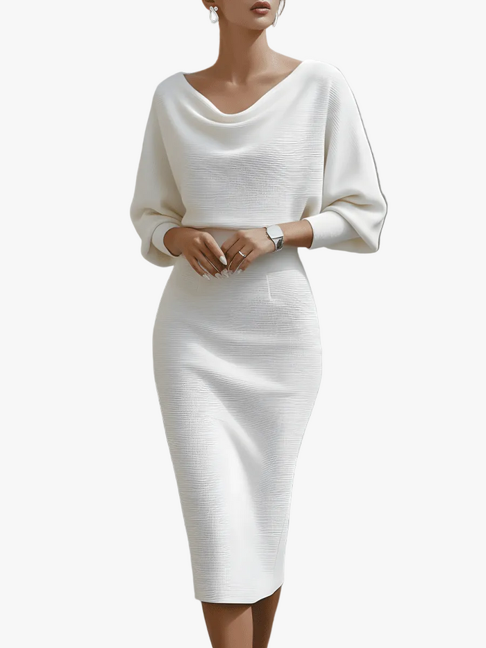 Women's Ribbed Midi Dress with Cowl Neck and Batwing Sleeves